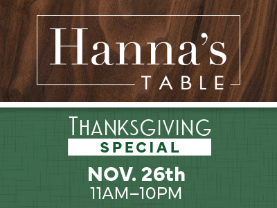 Hanna's Table Thanksgiving Special graphic on a green and wood background.