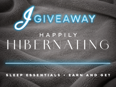 J Giveaway Happily Hibernating Sleep Essentials graphic with a cozy gray blanket.